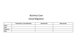 Business Case
Cloud Migration
Prepared By / Last Updated By Reviewed By Approved By
Name
Role
Signature
Date
 