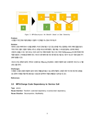 9
Figure 5: MP4-Decom pose the Monolith Based on Data Ownership
Problem
시스템을더작은단위로어떻게분해할수있을까? 이단위들은어느정도로커야하는가?
Solution
데이터의소유권여부에따라서시스템을분해한다. 하나의단위로묶을수있고단일소유자를가지는응집력있는데이터개체의집합을찾는다.
각각의각각의그룹과그것들이지원하는비즈니스로직을서비스로패키지화한다. 개별개체는그서비스를담당하는소유자에의해서만
수정되거나생성될수있다. 다른서비스는자신의소유가아닌개체의복사본만가질수있다. 하지만무상태(stateless)에 관해주의해야하며
적절한방법으로그복사본을동기화해야 한다. 서비스의다른부분에대한서로다른변경빈도비율또는다른비기능요구사항의결과로추가
분해가발생할수있다.
서비스의크기는문제되지않으며, 전적으로시스템에있는개체(entity)에달려있다. 도메인이복잡하지않은시스템이라면 서비스가4~5 개를
넘지는않을것이다.
Challenges
이패턴은시스템의도메인이복잡하지않아서데이터개체를쉽게묶을수있는경우에적합하다. 도메인이매우커서여러개의하위도메인을
갖는경우에이패턴을적용시키면혼란스럽고시간을많이잡아먹어서적절한분해를할수없게될수도있다.
References
3.5 MP5-Change Code Dependency to Service Call
Type atomic
Reuse Intention Transform code-level dependency toservice-level dependency
Reuse Situation Decomposition, Modifiability
 