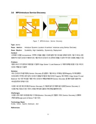 11
3.6 MP6-Introduce Service Discovery
Figure 7: MP6-Introduce Service Discovery
Type atomic
Reuse Intention Introduce Dynamic Location of services’ instances using Service Discovery
Reuse Situation Scalability, High Availability, Dynamicity, Deployment
Context
소프트웨어시스템은microservices 아키텍처스타일을사용할수있도록일련의작은서비스들로 분해되어있으며, 이들각서비스는운영
환경에하나이상의인스턴스가배포되어있다. 개별서비스의인스턴스의수는동적으로변경될수있으며각각다른시스템에도배포될수있다.
Problem
어떻게서비스가각기동적으로자리를잡을수있을까? Edge Server 나 Load Balancer 는 어떻게트래픽을분산할수있는서비스의
인스턴스목록을알수있을까?
Solution
서비스인스턴스의주소를저장하는Service Discovery 를 설정한다. 개별서비스는초기화되는동안에Registry 에자체등록한다.
인스턴스로부터 주기적인신호가없거나인스턴스가종료될때자동으로해당인스턴스가registry 에서제거된다. Edge Server 와 Load
Balancer 또는다른서비스들은가용한서비스인스턴스의 목록을받아봄으로써 Service Discovery 를 통해자신들이필요로하는
서비스를동적으로찾아낼수있다.
시스템이서로다른부분간의통신은Service Discovery 의 가용성에달려있기때문에일단도입되면Service Discovery 는
시스템의핵심구성요소가된다. 따라서고가용성메커니즘의일환으로복제전략을활용하여야한다.
Challenges
시스템의나머지부분이서로통신할때는이구성요소(Service Discovery)와 연결된다. 따라서, Service Discovery 는정확하게
구축되지않으면single point of failure 가 될수있다.
Technology Stack
Eureka, Consul, Apache Zookeeper, etcd
References
 