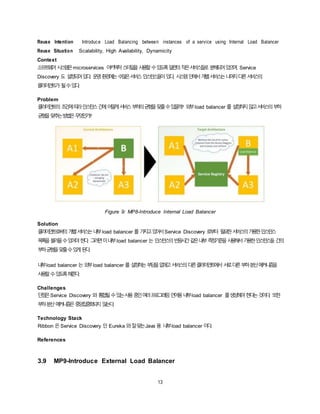 13
Reuse Intention Introduce Load Balancing between instances of a service using Internal Load Balancer
Reuse Situation Scalability, High Availability, Dynamicity
Context
소프트웨어시스템은microservices 아키텍처스타일을사용할수있도록일련의작은서비스들로 분해되어있으며, Service
Discovery 도 설정되어있다. 운영환경에는수많은서비스인스턴스들이있다. 시스템안에서개별서비스는나머지다른서비스의
클라이언트가 될수있다.
Problem
클라이언트의 조건에따라인스턴스간에어떻게서비스부하의균형을맞출수있을까? 외부load balancer 를 설정하지않고서비스의부하
균형을맞추는방법은무엇인가?
Figure 9: MP8-Introduce Internal Load Balancer
Solution
클라이언트로써의 개별서비스는내부load balancer 를 가지고있어서Service Discovery 로부터 필요한서비스의가용한인스턴스
목록을불러올수있어야한다. 그러면이내부load balancer 는 인스턴스의반응시간같은내부측정기준을사용해서가용한인스턴스들 간의
부하균형을맞출수있게된다.
내부load balancer 는 외부load balancer 를 설정하는부담을없애고서비스의다른클라이언트에서 서로다른부하분산메커니즘을
사용할수있도록해준다.
Challenges
단점은Service Discovery 와 통합될수있는사용중인여러프로그래밍언어용내부load balancer 를생성해야한다는것이다. 또한
부하분산메커니즘은중앙집중화되지 않는다.
Technology Stack
Ribbon 은 Service Discovery 인 Eureka 와잘맞는Java 용 내부load balancer 이다.
References
3.9 MP9-Introduce External Load Balancer
 