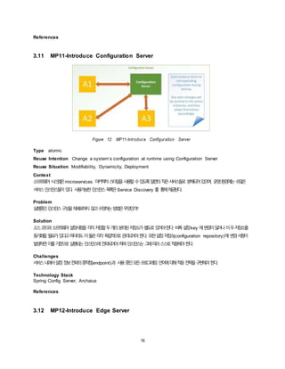 16
References
3.11 MP11-Introduce Configuration Server
Figure 12: MP11-Introduce Configuration Server
Type atomic
Reuse Intention Change a system’s configuration at runtime using Configuration Server
Reuse Situation Modifiability, Dynamicity, Deployment
Context
소프트웨어시스템은microservices 아키텍처스타일을사용할수있도록일련의작은서비스들로 분해되어있으며, 운영환경에는수많은
서비스인스턴스들이있다. 사용가능한인스턴스목록은Service Discovery 를 통해제공된다.
Problem
실행중인인스턴스구성을재배포하지 않고수정하는방법은무엇인가?
Solution
소스코드와소프트웨어설정사항을각각저장할두개의분리된저장소가별도로있어야한다. 비록설정key 에변경이일어나이두저장소를
동기화할필요가있다고하더라도이둘은각각독립적으로관리되어야한다. 또한설정저장소(configuration repository)에 변경사항이
발생하면이를기준으로실행되는인스턴스에전파되어야하며인스턴스는그에따라스스로적응해야한다.
Challenges
서비스내에서설정정보전파의종착점(endpoint)과 사용중인모든프로그래밍 언어에대해적응전략을구현해야한다.
Technology Stack
Spring Config Server, Archaius
References
3.12 MP12-Introduce Edge Server
 