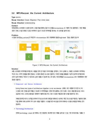 6
3.2 MP2-Recover the Current Architecture
Type atomic
Reuse Intention Create Migration Plan initial state
Reuse Situation Understanding
Context
현재운영하는소프트웨어시스템이있으며, 그것을개발/운영하는팀은이시스템을microservices 로 이행하기로결정하였다. 이행 계획을
세우기 위해그팀은현재의시스템 아키텍처가 있는지 아니면아키텍처를 폐기하는 게나은지를 알아야한다.
Problem
시스템의청사진(big picture)은무엇인가? microservices 로의 이행계획에 필요한high-level 정보는충분히있는가?
Figure 3: MP2-Recover the Current Architecture
Solution
보통소프트웨어아키텍처를얘기할때, 사람들은흔히한다발의다이어그램을 생각한다. 그러나실제로는, 유용한소프트웨어 아키텍처는
텍스트또는시각적인공물을통해전달되는 시스템의중요한요소들의집합이다. 이러한인공물(산출물)를 가급적단순하게유지함으로써
모두가쉽게이해하고약간의지식만으로도쉽게사용할수있도록하는것이좋다. 아래항목들은microservices 로의 이행계획에서 매우
중요한것들이다:
• Component and Service Architecture:
Using these two types of architecture together is not accidental. 실제로, 모든사람들이한번만보고서
시스템의내부구조를쉽게이해할수있도록이아키텍처들을 시각화하여설명하는것이더좋다. 서비스호출방향표시는서비스
공급자와서비스소비자(사용자)를 구분해주기때문에중요하다. 또한시스템의역동성에대한단서를제공하기도 한다.
개체와전반적인비즈니스로직을고려하여각구성요소의내부도메인을이해하려고시도하라. 특정구성요소를 책임지는 개발자와 함께
이들항목에 대해논의하여 추가상세 사항을식별한다. 시스템을작은서비스들로쪼개기위해서는시스템의도메인을이해하는것이
중요하다.
• Technology Architecture:
현재의technology stack 을이해하는것이 중요한데, 왜냐하면 팀이이행을 쉽게할수있는기존라이브러리들 식별할 수
 