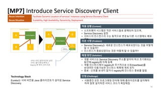 [MP7] Introduce Service Discovery Client
18
적용 상황 (Context)
의문 사항 (Problem)
해결 방안 (Solution)
Technology Stack
Eureka는 서버 버전용 Java 클라이언트가 설치된 Service
Discovery
단점 (Challenge)
• 소프트웨어 시스템은 작은 서비스들로 분해되어 있으며,
• Service Discovery 설정
• 서비스의 인스턴스의 수는 동적으로 변경 & 다른 시스템에도 배포
가능
Reuse Intention Facilitate Dynamic Location of services’ instances using Service Discovery Client
Reuse Situation Scalability, High Availability, Dynamicity, Deployment
• Service Discovery는 새로운 인스턴스가 배포되었다는 것을 어떻게
알 수 있을까?
• 인스턴스가 종료되었다는 것은 어떻게 알 수 있을까?
• 사용중인 모든 프로그래밍 언어에 대해 클라이언트를 설치해야
하며 잘못 설치하면 서비스 코드가 복잡해짐
• 개별 서비스는 Service Discovery 주소를 알아야 하고 초기화되는
동안에 registry에 자체 등록
• 개별 인스턴스에서 registry로 주기적으로 신호(heartbeat)를
보내야만 사용가능한 인스턴스 목록에 계속 유지
• 종료 : 신호를 보내지 않거나 registry에 인스턴스 종료를 알림
서비스마다 클라이언트 설치
서비스를 자체 등록하고
Registry에 계속 신호 보냄
 