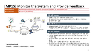 [MP15] Monitor the System and Provide Feedback
26
적용 상황 (Context)
의문 사항 (Problem)
해결 방안 (Solution)
Technology Stack
Collectd + Logstash + ElasticSearch + Kibana
• MSA 스타일로 소프트웨어 시스템 구축
• 운영계의 개별 서비스가 여러 개의 인스턴스를 갖는 컨테이너
클러스터에서 실행
Reuse Intention Monitor the running services’ instances and Provide feeback to the development team
Reuse Situation Monitoring, Modifiability
• Infrastructure는 어떻게 모니터링 할 것인가?
• 개발팀에 피드백하여 시스템을 재구성(re-architect)하는 방법은?
• 개별 서비스는 해당 서비스 관리팀의 운영(Ops) 파트가 직접 관리
• CPU와 RAM 사용량과 같은 모니터링 정보를 수집하여 모니터링
서버에 전달
• 모니터링 서버 : 정보들을 구문 분석하고 구조화된 정보 형태로
집계
• 인덱싱 서버 : 집계된 정보 저장  효율적으로 쿼리
• 모니터링 정보는 통해 서비스 개발(Dev) 파트가 성능 병목현상이나
기타 이상 현상을 제거하기 위해 아키텍처를 리팩토링하는 데 활용
 