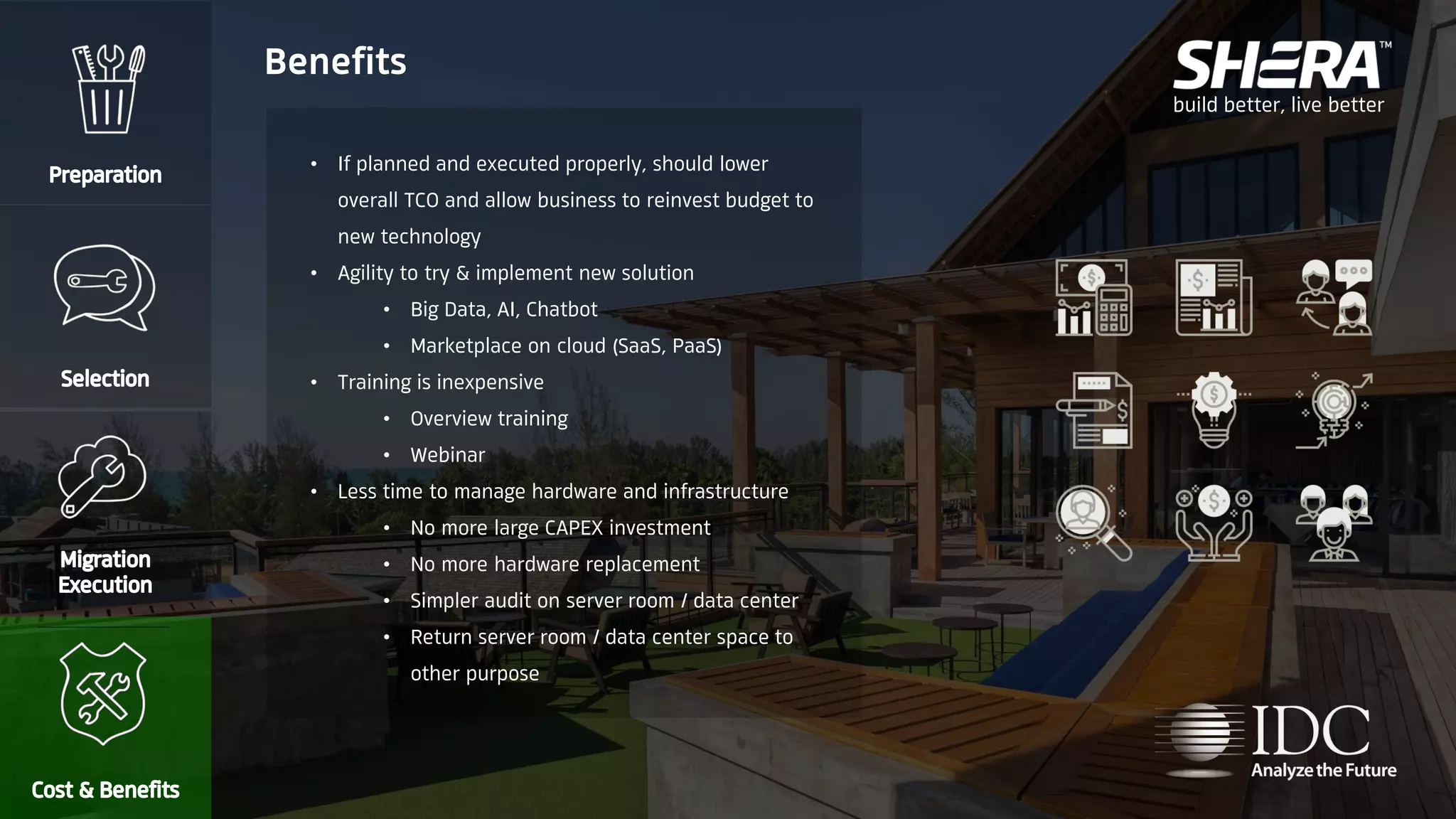 build better, live better
• If planned and executed properly, should lower
overall TCO and allow business to reinvest budget to
new technology
• Agility to try & implement new solution
• Big Data, AI, Chatbot
• Marketplace on cloud (SaaS, PaaS)
• Training is inexpensive
• Overview training
• Webinar
• Less time to manage hardware and infrastructure
• No more large CAPEX investment
• No more hardware replacement
• Simpler audit on server room / data center
• Return server room / data center space to
other purpose
Benefits
 