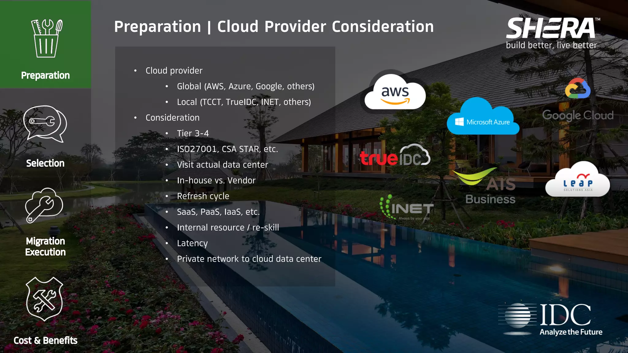 build better, live better
• Cloud provider
• Global (AWS, Azure, Google, others)
• Local (TCCT, TrueIDC, INET, others)
• Consideration
• Tier 3-4
• ISO27001, CSA STAR, etc.
• Visit actual data center
• In-house vs. Vendor
• Refresh cycle
• SaaS, PaaS, IaaS, etc.
• Internal resource / re-skill
• Latency
• Private network to cloud data center
Preparation | Cloud Provider Consideration
 