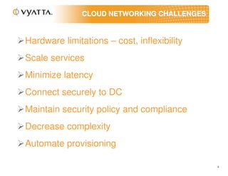 CLOUD NETWORKING CHALLENGES



Hardware limitations – cost, inflexibility
Scale services
Minimize latency
Connect securely to DC
Maintain security policy and compliance
Decrease complexity
Automate provisioning

                                             4
 