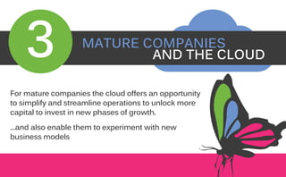 For mature companies the cloud offers an opportunity
to simplify and streamline operations to unlock more
capital to invest in new phases of growth.
...and also enable them to experiment with new
business models
3 MATURE COMPANIES
AND THE CLOUD
 