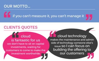 CLIENTS QUOTES
OUR MOTTO...
cloud technology
makes the maintenance and admin
side of technology someone else’s
issue so I can focus on
building the offering to
our customers
if you can’t measure it, you can’t manage it
cloud
is fantastic for us
we don’t have to sit on capital
investments, waiting for
customers to come to make the
investment worthwhile
 