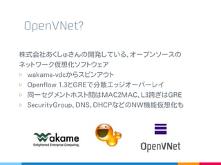 OpenVNet?
株式会社あくしゅさんの開発している､オープンソースの
ネットワーク仮想化ソフトウェア
▷ wakame-vdc からスピンアウト
▷ Openflow 1.3 と GRE で分散エッジオーバーレイ
▷ 同一セグメントホスト間は MAC2MAC ､ L3 跨ぎは GRE
▷ SecurityGroup ､ DNS ､ DHCP などの NW 機能仮想化も
 