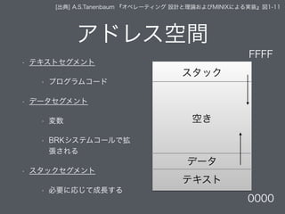 アドレス空間
• テキストセグメント
• プログラムコード
• データセグメント
• 変数
• BRKシステムコールで拡
張される
• スタックセグメント
• 必要に応じて成長する
テキスト
データ
スタック
FFFF
0000
空き
[出典] A.S.Tanenbaum 『オペレーティング 設計と理論およびMINIXによる実装』図1-11
 