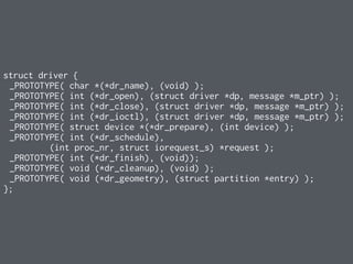 struct driver {
_PROTOTYPE( char *(*dr_name), (void) );
_PROTOTYPE( int (*dr_open), (struct driver *dp, message *m_ptr) );
_PROTOTYPE( int (*dr_close), (struct driver *dp, message *m_ptr) );
_PROTOTYPE( int (*dr_ioctl), (struct driver *dp, message *m_ptr) );
_PROTOTYPE( struct device *(*dr_prepare), (int device) );
_PROTOTYPE( int (*dr_schedule),
(int proc_nr, struct iorequest_s) *request );
_PROTOTYPE( int (*dr_finish), (void));
_PROTOTYPE( void (*dr_cleanup), (void) );
_PROTOTYPE( void (*dr_geometry), (struct partition *entry) );
};
 