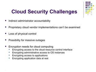 Cloud Security Challenges


Indirect administrator accountability



Proprietary cloud vendor implementations can’t be examined



Loss of physical control



Possibility for massive outages



Encryption needs for cloud computing





.

Encrypting access to the cloud resource control interface
Encrypting administrative access to OS instances
Encrypting access to applications
Encrypting application data at rest

 