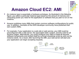 Amazon Cloud EC2: AMI


An instance type is essentially a hardware archetype. As illustrated in the following
figure, you select a particular instance type based on the amount of memory and
computing power you need for the application or software that you plan to run on the
instance.



Amazon publishes many AMIs that contain common software configurations for public
use. In addition, members of the AWS developer community have published their
own custom AMIs.



For example, if your application is a web site or web service, your AMI could be
preconfigured with a web server, the associated static content, and the code for all
dynamic pages. Alternatively, you could configure your AMI to install all required
software components and content itself by running a bootstrap script as soon as the
instance starts. As a result, after launching the AMI, your web server will start and
your application can begin accepting requests.

 