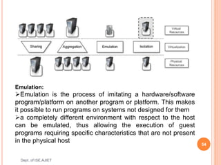 54
Dept. of ISE,AJIET
Emulation:
Emulation is the process of imitating a hardware/software
program/platform on another program or platform. This makes
it possible to run programs on systems not designed for them
a completely different environment with respect to the host
can be emulated, thus allowing the execution of guest
programs requiring specific characteristics that are not present
in the physical host
 