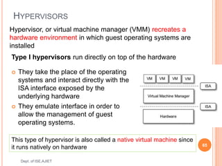 HYPERVISORS
 They take the place of the operating
systems and interact directly with the
ISA interface exposed by the
underlying hardware
 They emulate interface in order to
allow the management of guest
operating systems.
65
Dept. of ISE,AJIET
Hypervisor, or virtual machine manager (VMM) recreates a
hardware environment in which guest operating systems are
installed
Type I hypervisors run directly on top of the hardware
This type of hypervisor is also called a native virtual machine since
it runs natively on hardware
 
