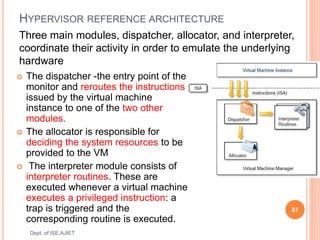 HYPERVISOR REFERENCE ARCHITECTURE
 The dispatcher -the entry point of the
monitor and reroutes the instructions
issued by the virtual machine
instance to one of the two other
modules.
 The allocator is responsible for
deciding the system resources to be
provided to the VM
 The interpreter module consists of
interpreter routines. These are
executed whenever a virtual machine
executes a privileged instruction: a
trap is triggered and the
corresponding routine is executed.
67
Dept. of ISE,AJIET
Three main modules, dispatcher, allocator, and interpreter,
coordinate their activity in order to emulate the underlying
hardware
 