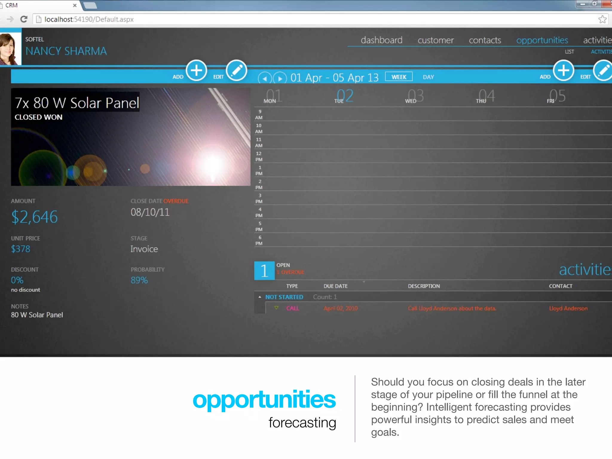 Should you focus on closing deals in the later

opportunities       stage of your pipeline or ﬁll the funnel at the
                    beginning? Intelligent forecasting provides
      forecasting   powerful insights to predict sales and meet
                    goals.
 