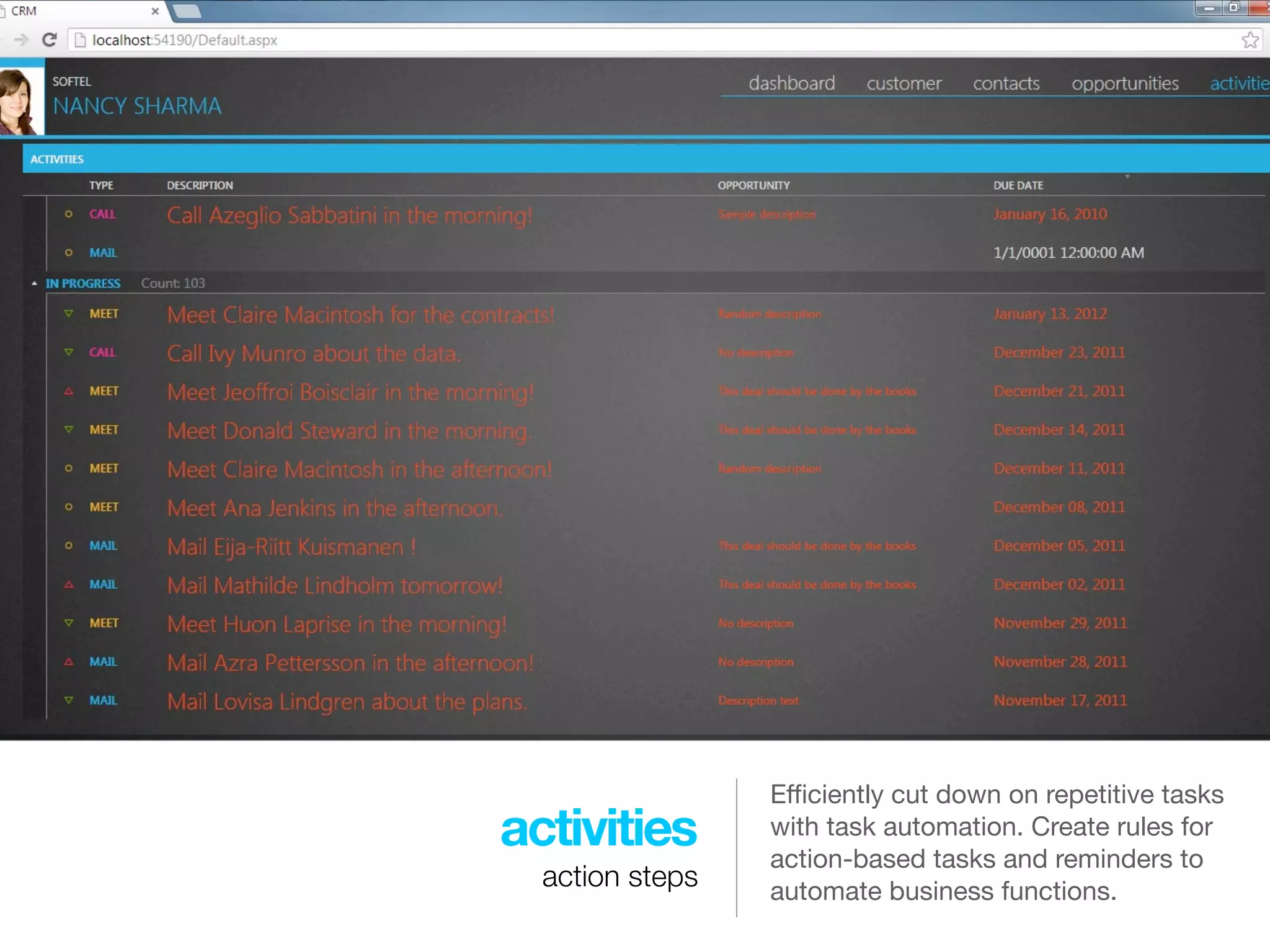 Eﬃciently cut down on repetitive tasks
activities       with task automation. Create rules for
                 action-based tasks and reminders to
  action steps   automate business functions.
 