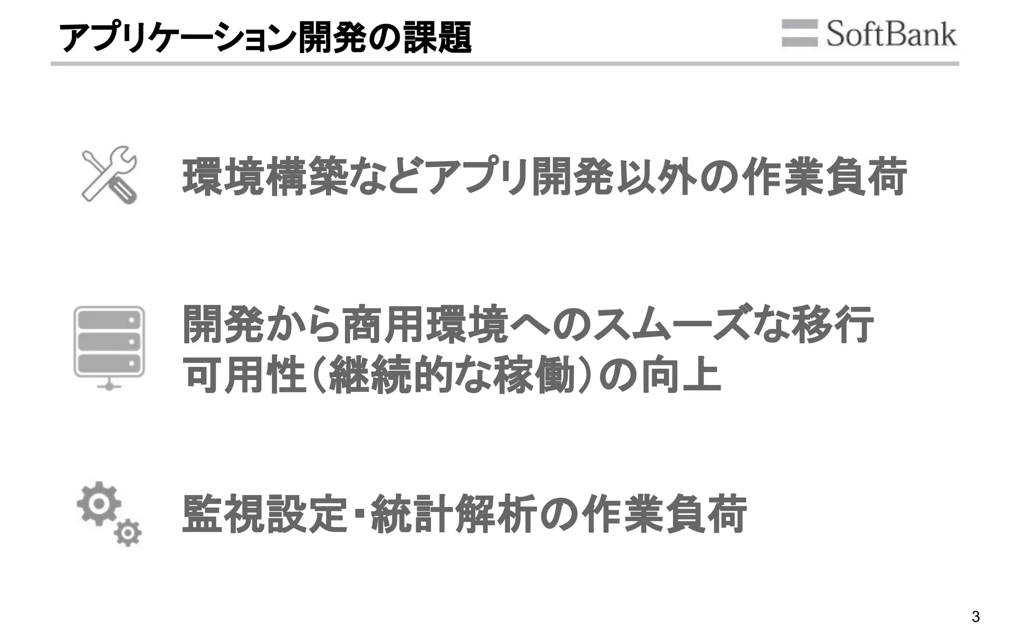 3
アプリケーション開発の課題
環境構築などアプリ開発以外の作業負荷
開発から商用環境へのスムーズな移行
可用性（継続的な稼働）の向上
監視設定・統計解析の作業負荷
 