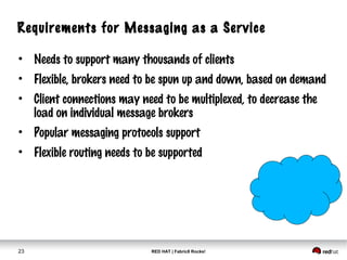 RED HAT | Fabric8 Rocks!23
Requirements for Messaging as a Service
• Needs to support many thousands of clients
• Flexible, brokers need to be spun up and down, based on demand
• Client connections may need to be multiplexed, to decrease the
load on individual message brokers
• Popular messaging protocols support
• Flexible routing needs to be supported
 