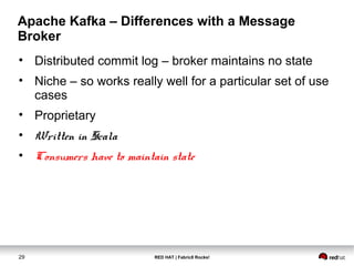 RED HAT | Fabric8 Rocks!29
Apache Kafka – Differences with a Message
Broker
• Distributed commit log – broker maintains no state
• Niche – so works really well for a particular set of use
cases
• Proprietary
• Written in Scala
• Consumers have to maintain state
 