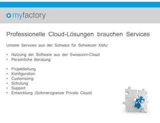 Professionelle Cloud-Lösungen brauchen Services
Unsere Services aus der Schweiz für Schweizer KMU:
• Nutzung der Software ...