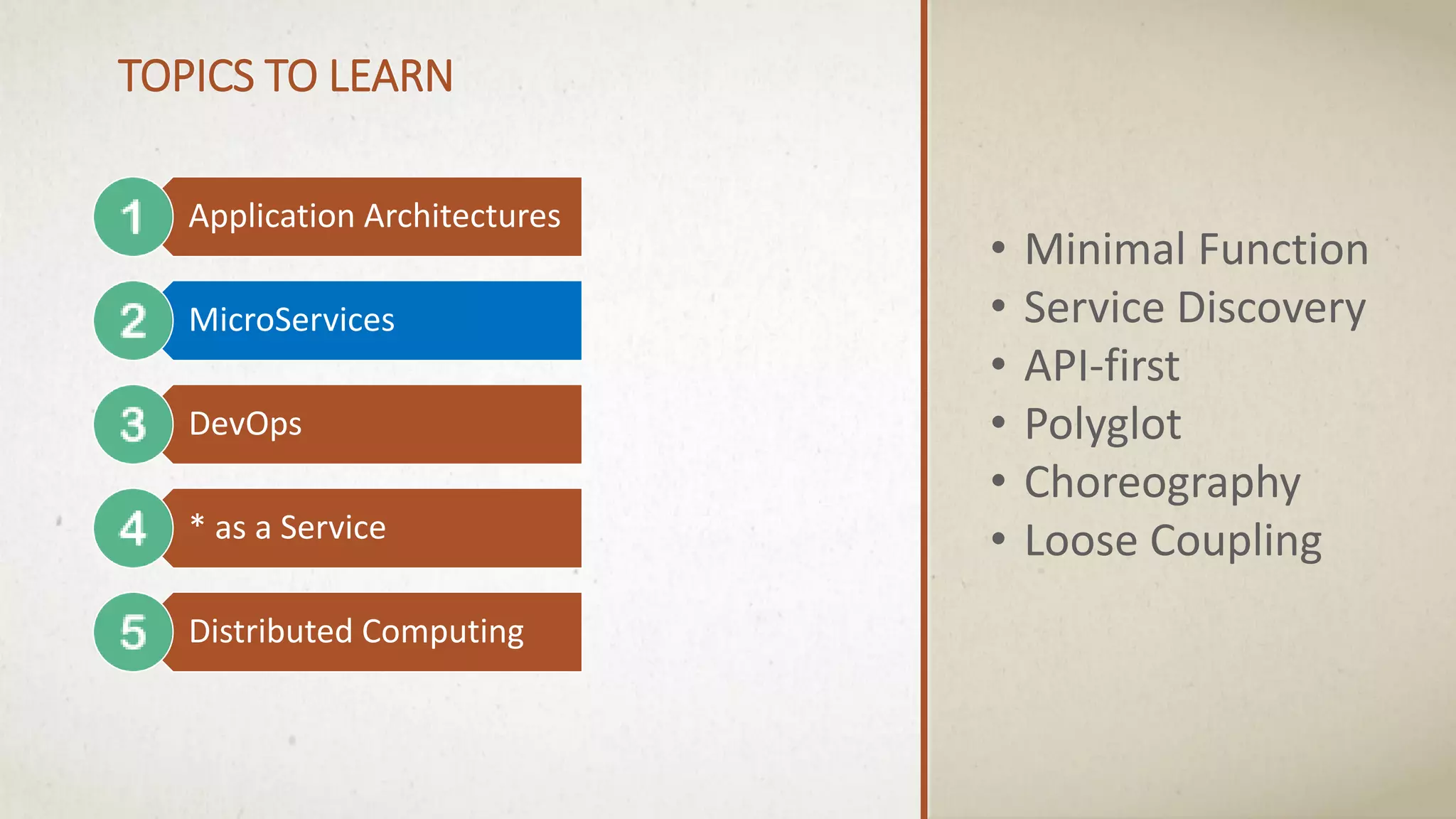 Application Architectures
MicroServices
DevOps
* as a Service
Distributed Computing
• Minimal Function
• Service Discovery
• API-first
• Polyglot
• Choreography
• Loose Coupling
TOPICS TO LEARN
 