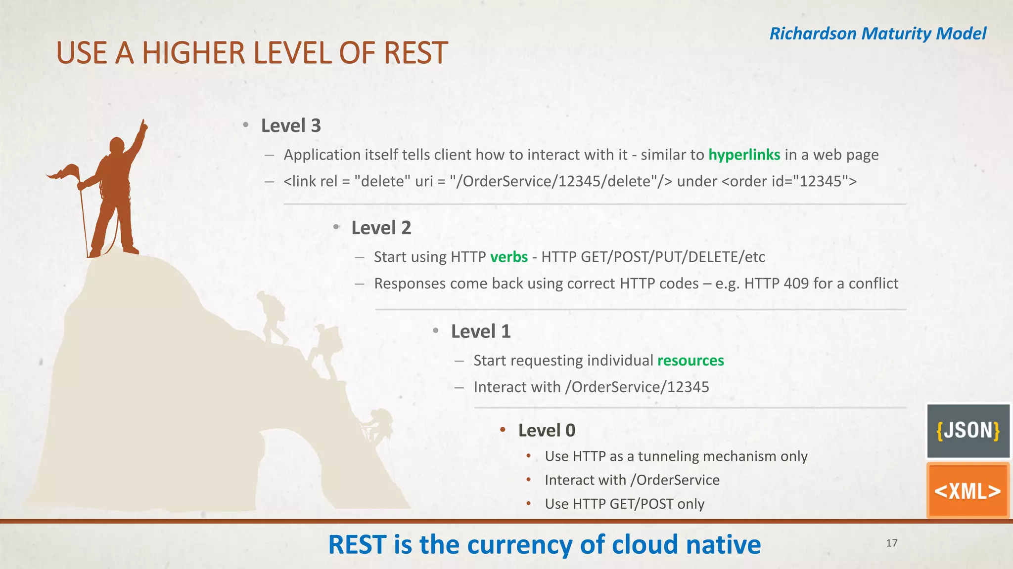 USE A HIGHER LEVEL OF REST
17
REST is the currency of cloud native
• Level 1
– Start requesting individual resources
– Interact with /OrderService/12345
• Level 2
– Start using HTTP verbs - HTTP GET/POST/PUT/DELETE/etc
– Responses come back using correct HTTP codes – e.g. HTTP 409 for a conflict
• Level 3
– Application itself tells client how to interact with it - similar to hyperlinks in a web page
– <link rel = "delete" uri = "/OrderService/12345/delete"/> under <order id="12345">
Richardson Maturity Model
• Level 0
• Use HTTP as a tunneling mechanism only
• Interact with /OrderService
• Use HTTP GET/POST only
 
