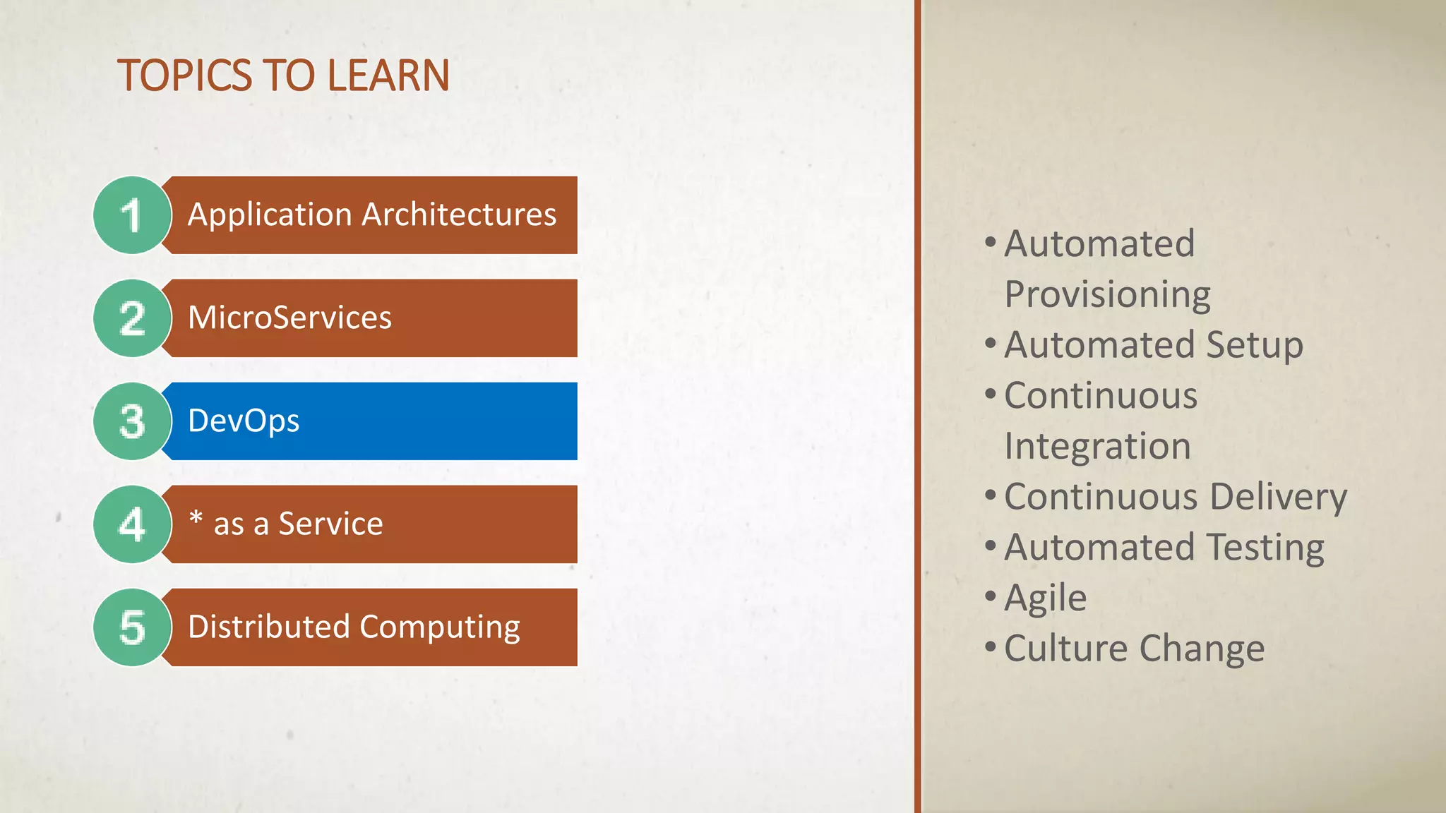Application Architectures
MicroServices
DevOps
* as a Service
Distributed Computing
TOPICS TO LEARN
•Automated
Provisioning
•Automated Setup
•Continuous
Integration
•Continuous Delivery
•Automated Testing
•Agile
•Culture Change
 