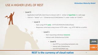 USE A HIGHER LEVEL OF REST
17
REST is the currency of cloud native
• Level 1
– Start requesting individual resources
– Interact with /OrderService/12345
• Level 2
– Start using HTTP verbs - HTTP GET/POST/PUT/DELETE/etc
– Responses come back using correct HTTP codes – e.g. HTTP 409 for a conflict
• Level 3
– Application itself tells client how to interact with it - similar to hyperlinks in a web page
– <link rel = "delete" uri = "/OrderService/12345/delete"/> under <order id="12345">
Richardson Maturity Model
• Level 0
• Use HTTP as a tunneling mechanism only
• Interact with /OrderService
• Use HTTP GET/POST only
 