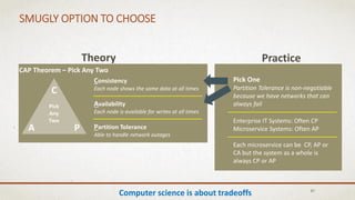 37
SMUGLY OPTION TO CHOOSE
Consistency
Each node shows the same data at all times
Availability
Each node is available for writes at all times
Partition Tolerance
Able to handle network outages
CAP Theorem – Pick Any Two
C
A P
Theory Practice
Pick One
Partition Tolerance is non-negotiable
because we have networks that can
always fail
Enterprise IT Systems: Often CP
Microservice Systems: Often AP
Each microservice can be CP, AP or
CA but the system as a whole is
always CP or AP
Pick
Any
Two
Computer science is about tradeoffs
 