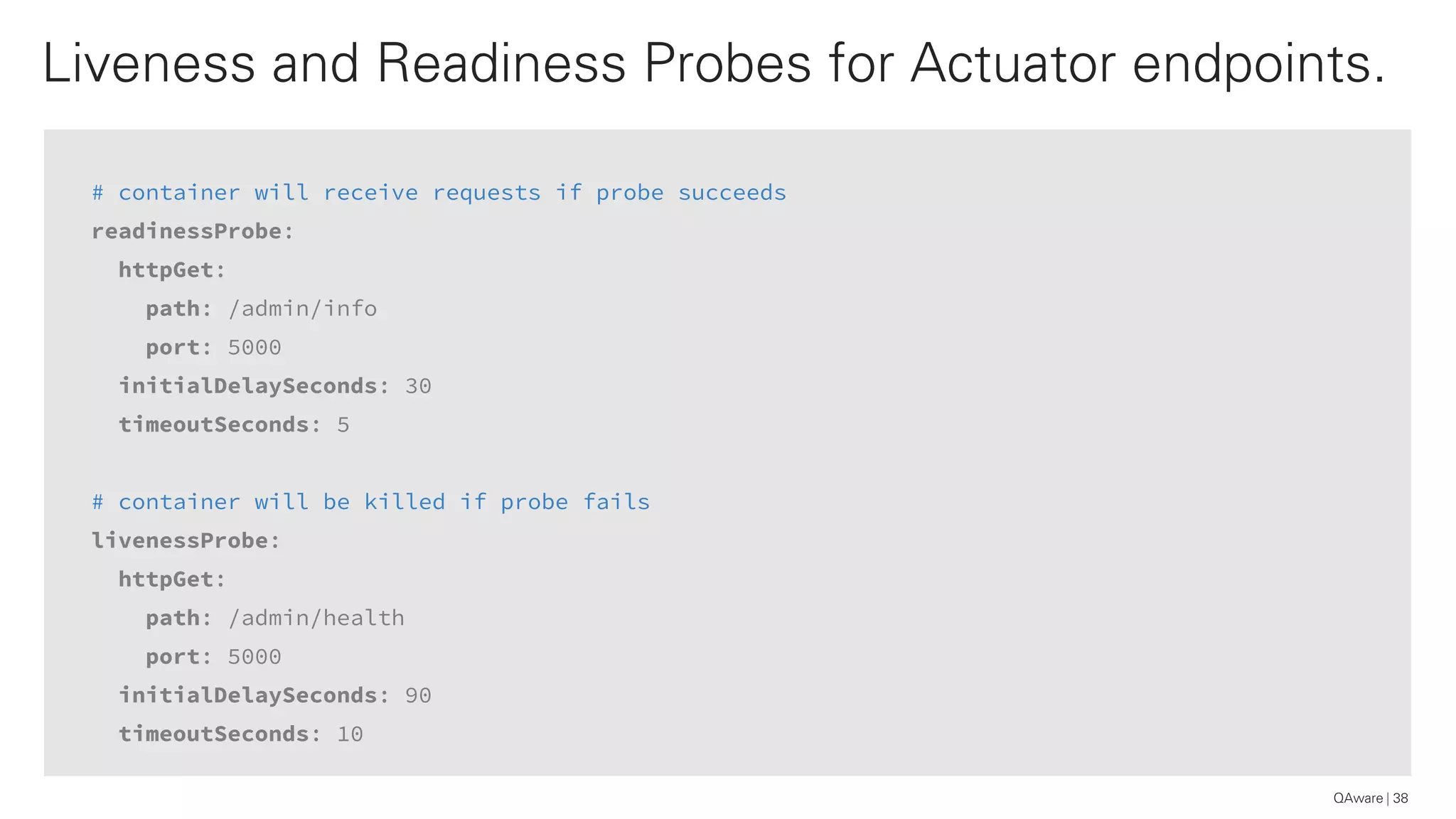 # container will receive requests if probe succeeds
readinessProbe:
httpGet:
path: /admin/info
port: 5000
initialDelaySeconds: 30
timeoutSeconds: 5
# container will be killed if probe fails
livenessProbe:
httpGet:
path: /admin/health
port: 5000
initialDelaySeconds: 90
timeoutSeconds: 10
Liveness and Readiness Probes for Actuator endpoints.
38QAware
 
