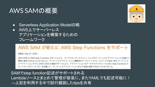  Serverless Application Model
 AWSϤǥ`Щ`쥹
ץꥱ`򘋺B뤿
ե``
AWS SAMθҪ
SAMstep functionӛݩ`Ȥ
Lambda`ȤޤȤƹפˡޤYAMLǤӛܤˣ
ӛäФԇe`tips
 