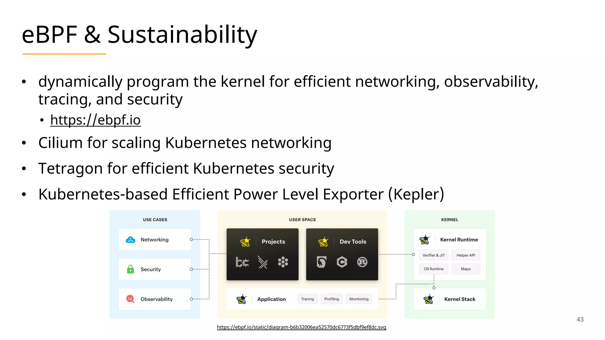 eBPF & Sustainability
• dynamically program the kernel for efficient networking, observability,
tracing, and security
• https://ebpf.io
• Cilium for scaling Kubernetes networking
• Tetragon for efficient Kubernetes security
• Kubernetes-based Efficient Power Level Exporter (Kepler)
43
https://ebpf.io/static/diagram-b6b32006ea52570dc6773f5dbf9ef8dc.svg
 