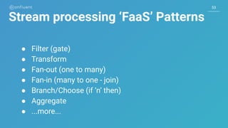 53
Stream processing ‘FaaS’ Patterns
● Filter (gate)
● Transform
● Fan-out (one to many)
● Fan-in (many to one - join)
● Branch/Choose (if ‘n’ then)
● Aggregate
● ...more...
 
