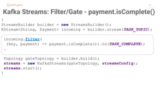 54
Kafka Streams: Filter/Gate - payment.isComplete()
{
StreamsBuilder builder = new StreamsBuilder();
KStream<String, Payment> incoming = builder.stream(TASK_TOPIC);
incoming.filter(
(key, payment) -> payment.isComplete()).to(TASK_COMPLETE);
…
Topology gateTopology = builder.build();
streams = new KafkaStreams(gateTopology, streamsConfig);
streams.start();
}
 