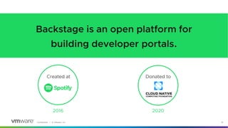 Confidential │ © VMware, Inc. 19
Backstage is an open platform for
building developer portals.
Created at Donated to
2016 ...