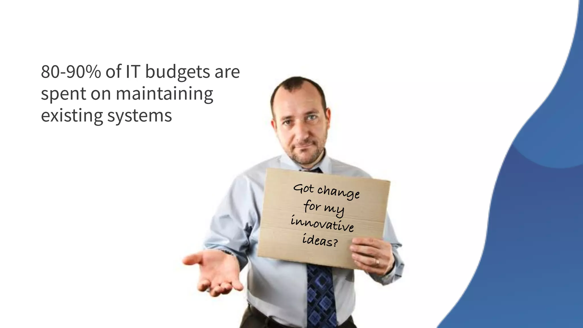 80-90% of IT budgets are
spent on maintaining
existing systems
Got change
for my
innovative
ideas?
 