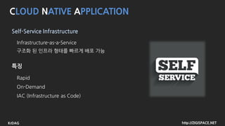 http://ZIGISPACE.NETKrDAG
Self-Service Infrastructure
Infrastructure-as-a-Service
feature
CLOUD NATIVE APPLICATION
Rapid
On-Demand
IAC (Infrastructure as Code)
구조화 된 인프라 형태를 빠르게 배포 가능
 