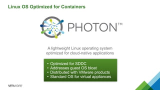 Linux OS Optimized for Containers
A lightweight Linux operating system
optimized for cloud-native applications
• Optimized for SDDC
• Addresses guest OS bloat
• Distributed with VMware products
• Standard OS for virtual appliances
 