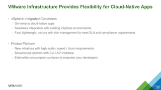 VMware Infrastructure Provides Flexibility for Cloud-Native Apps
• vSphere Integrated Containers
– On-ramp to cloud-native apps
– Seamless integration with existing vSphere environments
– Fast, lightweight, secure with rich management to meet SLA and compliance requirements
• Photon Platform
– New initiatives with high scale / speed / churn requirements
– Streamlined platform with CLI / API interface
– Extensible consumption surfaces to empower your developers
30
CONFIDENTIAL
 