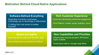 Motivation Behind Cloud-Native Applications
Software-Defined Everything
Regardless of industry, businesses
increasingly rely on technology to differentiate
IT shifting from cost center to enabler
of growth
Rich Customer Experience
Customers demanding enhanced engagement
Third Platform: mobile, social, analytics, cloud
Speed and Agility
Improving time-to-value with DevOps, Agile
New architectures to streamline workflows
New Capabilities and Priorities
Infrastructure must be dynamic, API-driven,
highly scalable
Small teams able to manage large fleets
 
