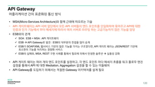 API Gateway
어플리케이션 간의 표준화된 통신 방식
• MSA(Micro-Services Architecture)와 함께 근래에 떠오르는 기술
• API 게이트웨이는 API 서버 앞단에서 모든 API 서버들의 엔드 포인트를 단일화하여 묶어주고 API에 대한
인증과 인가 기능에서 부터 메세지에 따라서 여러 서버로 라우팅 하는 고급기능까지 많은 기능을 담당
• ESB와의 관계
 SOA : ESB = MSA : API 게이트웨이
 ESB  API Gateway로 발전 : ESB의 대부분의 컨셉을 많이 승계
 ESB가 SOAP/XML 웹서비스 기반의 많은 기능을 가지는 구조였다면, API 게이트 웨이는 JSON/REST 기반에
최소한의 기능을 처리하는 경량화 서비스
 ESB의 실패와, MSA, REST 구현 사례를 통해서 필요에 의해서 탄생한 솔루션  실용성 강화
• API 게이트 웨이는 여러 개의 엔드 포인트를 설정하고, 각 엔드 포인트 마다 메세지 흐름을 워크 플로우 엔진
설정을 통해서 API 에 대한 Mediation, Aggregation 설정을 할 수 있는 미들웨어
• API Gateway를 도입하기 위해서는 적절한 Gateway 아키텍처를 설계 필요
120
 