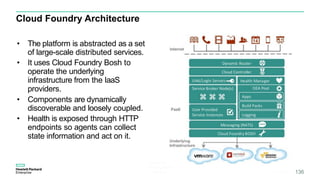 Cloud Foundry Architecture
Austin Cloud
Foundry PaaS
Meetup 2/24/15 136
• The platform is abstracted as a set
of large-scale distributed services.
• It uses Cloud Foundry Bosh to
operate the underlying
infrastructure from the IaaS
providers.
• Components are dynamically
discoverable and loosely coupled.
• Health is exposed through HTTP
endpoints so agents can collect
state information and act on it.
 