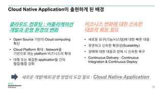 Cloud Native Application이 출현하게 된 배경
15
• Open Source 기반의 Cloud computing
확산
• Cloud Platform 확대 : Network을
기반으로 하는 platform 비즈니스의 확대
• 대형 또는 복잡한 application들 간의
협업/통합 강화
새로운 개발/배포/운영 방법의 도입 필요 : Cloud Native Application
클라우드 컴퓨팅 : 어플리케이션
개발과 운영 환경의 변화
• 새로운 요구(기능/시스템)에 대한 빠른 대응
• 유연하고 신속한 확장성(Scalability)
• 장애에 대한 대응과 장애 시 신속한 복구
• Continuous Delivery : Continuous
Integration & Continuous Deploy
비즈니스 변화에 대한 신속한
대응력 확보 필요
 
