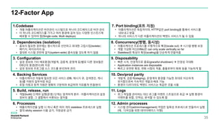 12-Factor App
35
1.Codebase
• 개별 어플리케이션은 버전관리 시스템으로 하나의 코드베이스로 버전 관리
• 이 하나의 코드베이스를 가지고 여러 환경에 걸쳐 있는 다양한 인스턴스에
배포할 수 있어야 함(Single code, Multi deploys)
2. Dependencies (isolation)
• 종속이 필요한 경우에는 명시적으로 선언하고 최대한 고립시킴(isolate) :
패키지, 파이브러리 등
• 절대로 시스템 전반에 걸치(system-wide) 종속성을 갖도록 하지 않음
3. Configuration
• 설정 정보와 기타 배포환경(개발계, 검증계, 운영계 등)별로 다른 정보들은
OS단의 환경(변수)에 저장
• 설정 정보와 프로그램 소스 코드를 분리하여 관리
4. Backing Services
• 어플리케이션 작동에 필요한 모든 서비스 (DB, 메시지 큐, 검색엔진, 캐시
등)를 자원의 일부처럼 취급
• 로컬 자원과 원격 자원은 명확히 구분하여 취급하며 자유롭게 연결/분리
5. Build, release, run
• 개발(build) 단계와 실행(운영) 단계는 엄격하게 분리 : 어플리케이션과 설정
정보의 결합, 그 결합에서 비롯되는 절차들
6. Processes
• 애플리케이션을 실행 시 하나 혹은 여러 개의 stateless 프로세스로 실행
• 절대 sticky session 사용 금지, 자원공유 금지
7. Port binding(포트 지정)
• 어플리케이션은 독립적이며, HTTP같은 port binding을 통해서 서비스를
내보내고 받음
• 하나의 서비스가 다른 어플리케이션의 백엔드 서비스가 될 수 있음
8. Concurrency(병행, 동시성)
• 어플리케이션 프로세스를 수평적으로 확장(scale out)  시스템 병행 보장
• 개별 가상화 머신(VMs)은 can only scale vertically so far
• Stateless한 특성이 확장(scaling)을 단순하게 만들어줌
10. Dev/prod parity
• 개발계, 검증계(staging), 운영계의 환경을 가능한 최대로 비슷하게
유지함으로써 지속적인 개발과 배포 가능
• 환경이 다르더라도 백엔드 서비스는 똑같은 것을 사용
11. Logs
• 로그 파일을 관리하는 대신 로그를 이벤트 스트림으로 취급  실행 환경이
이벤트를 취합, 인덱싱, 분석할 수 있도록 함
12. Admin processes
• 시스템 관리(admin/management) 작업은 일회성 프로세스로 만들어서 실행
(예, 디버깅을 위한 데이터베이스 이행)
9. Disposability
• 빠른 시작, 안정적으로 종료(graceful shutdown)  안정성 극대화
• Application instances are disposable
• 빠르고 유연한 확장, 변화 사항의 적용, 충돌로부터 회복 등을 가능하게 함
 