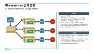Microservices 설계 유형
67
2. Proxy Microservices Design Pattern
• Aggregator의 변형
• 클라이언트 단에서는 취합(aggregation)이 일어날
필요는 없지만 비즈니스 상의 필요에 따라서 다른
마이크로서비스가 불려올 수도 있음
• Proxy도 독자적으로 X축이나 Z축으로 확장 가능.
You may like to do this where each individual service
need not be exposed to the consumer and should
instead go through an interface.
기본 원리
사용 방법
• 형식적인 proxy로도 사용 가능 : 요청(request)를 서비스
중의 하나로 넘겨주는 경우
• 적극적인 proxy로도 사용 가능 : 클라이언트에게 응답이
가기 전에 몇몇 데이터 정보를 제공하는 경우(예,
presentation layer to different devices can be
encapsulated in the smart proxy.)
 