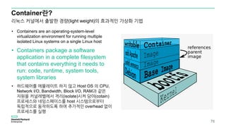 Container란?
• Containers are an operating-system-level
virtualization environment for running multiple
isolated Linux systems on a single Linux host
• Containers package a software
application in a complete filesystem
that contains everything it needs to
run: code, runtime, system tools,
system libraries
• 하드웨어를 에뮬레이트 하지 않고 Host OS 의 CPU,
Network I/O, Bandwidth, Block I/O, RAM과 같은
자원을 커널레벨에서 격리(isolate)시켜 담아(cotain)
프로세스와 네임스페이스를 host 시스템으로부터
독립적으로 동작하도록 하여 추가적인 overhead 없이
프로세스를 실행
76
리눅스 커널에서 출발한 경량(light weight)의 효과적인 가상화 기법
 