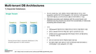 Multi-tenant DB Architectures
91
1) Separate Databases
Single Tenant
Storing tenant data in separate databases is the
simplest approach to data isolation.
• 하나의 서버에 있는 모든 컴퓨팅 자원과 어플리케이션 코드는 모든
tenant에서 공유되지만 각각의 tenant가 가진 데이터는 다른 tenant에
속한 데이터들과는 논리적으로 분리 (별도의 데이터베이스 가짐)
• Metadata associates each database with the correct tenant, and
database security prevents any tenant from accidentally or maliciously
accessing other tenants' data.
• 장점
 개별 tenant의 필요에 따라 어플리케이션 데이터 모델 확장이 쉬움
 장애 시 tenant 데이터의 백업 복구 절차가 상대적으로 간단
 강력한 보안과 customization을 위해 독립된 데이터 관리를 원하는
고객(은행, 의료 등)
• 단점
 장비 유지/관리와 데이터 백업에 비용이 많이 듦
 하드웨어 비용이 많이 들어서 다른 아키텍처에 비해 데이터베이스
서버에 올릴 수 있는 tenant의 수가 제한
출처 <https://msdn.microsoft.com/en-us/library/aa479086.aspx#mlttntda_tbhp>
 